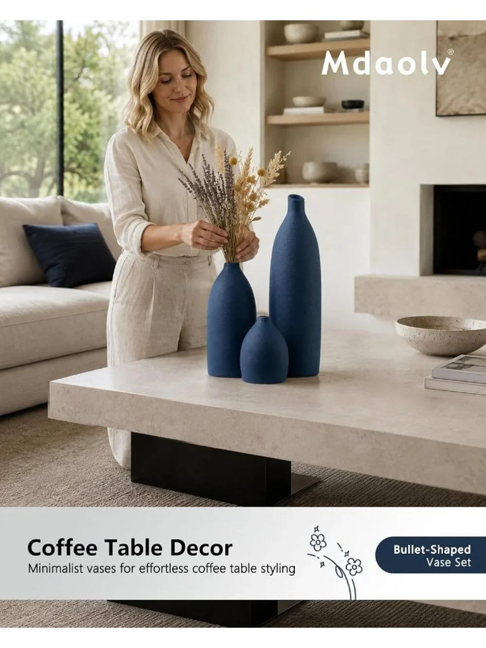 Matte Blue Vase Set Coastal Island Living Room Office Table Fireplace Shelf Deco